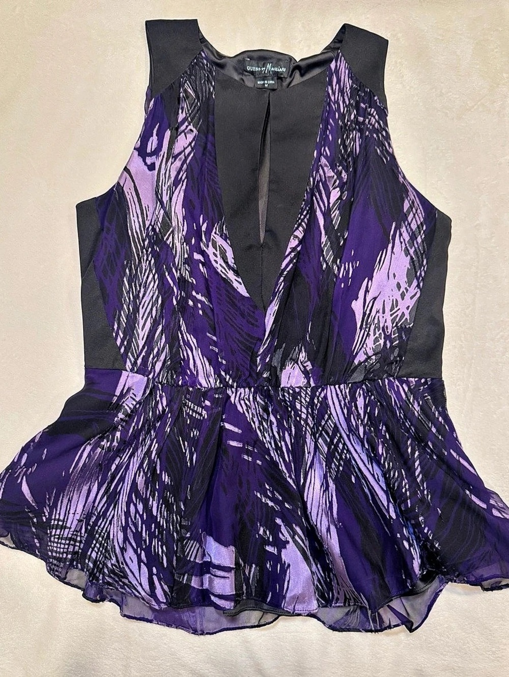 Y2K Guess by Marciano Purple Sheer Abstract Peplum Top Plunging Keyhole M